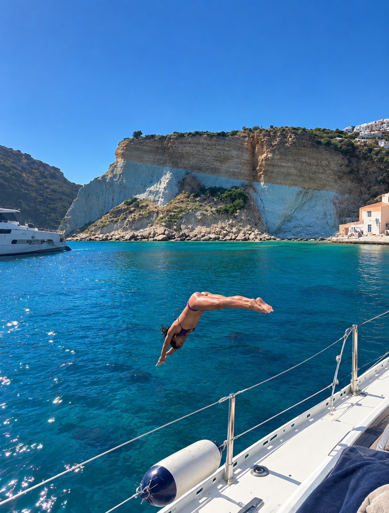 A diver above blue water beside a sunlit coastline.