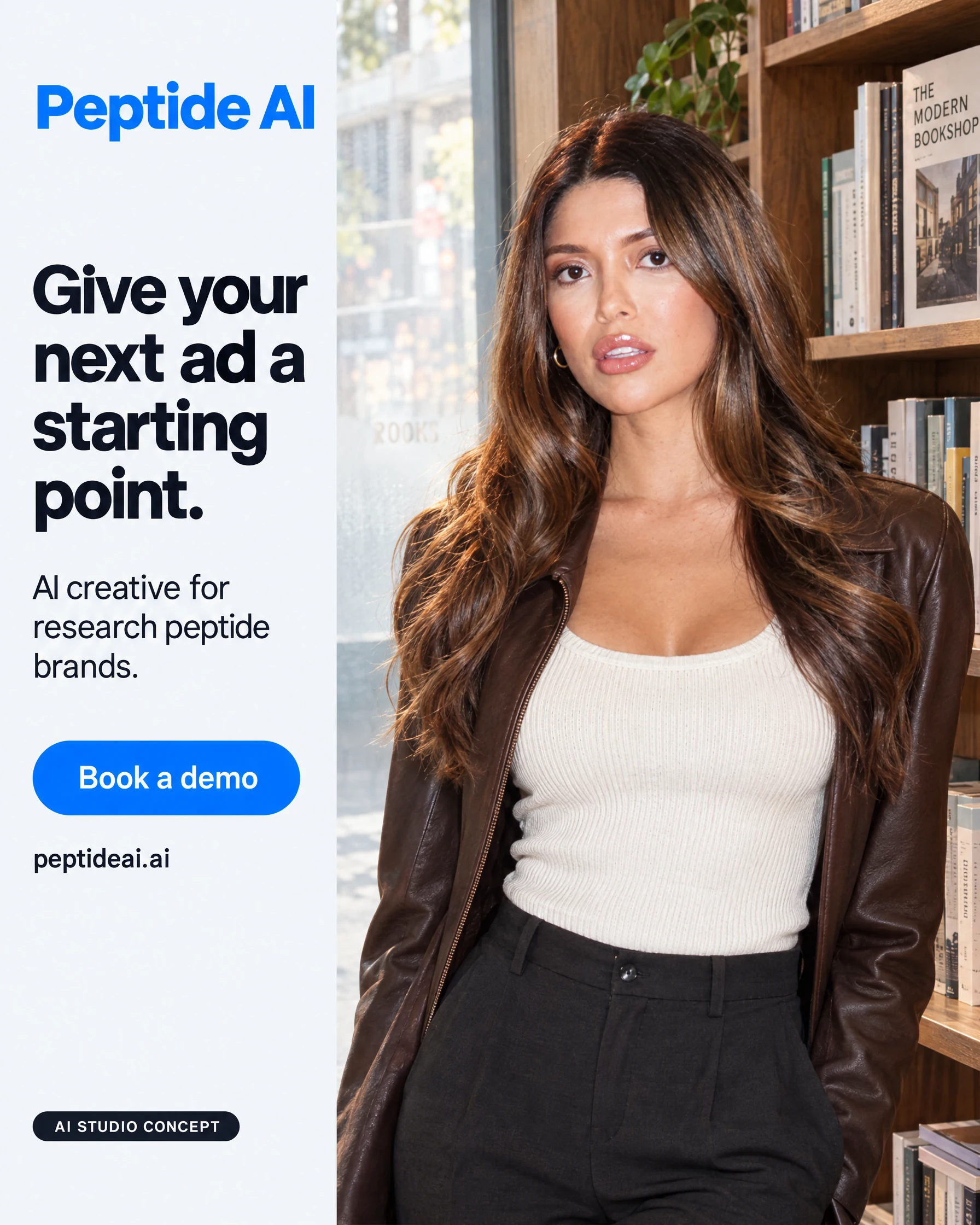 Peptide AI AI-generated static ad featuring Alondra. Give your next ad a starting point.