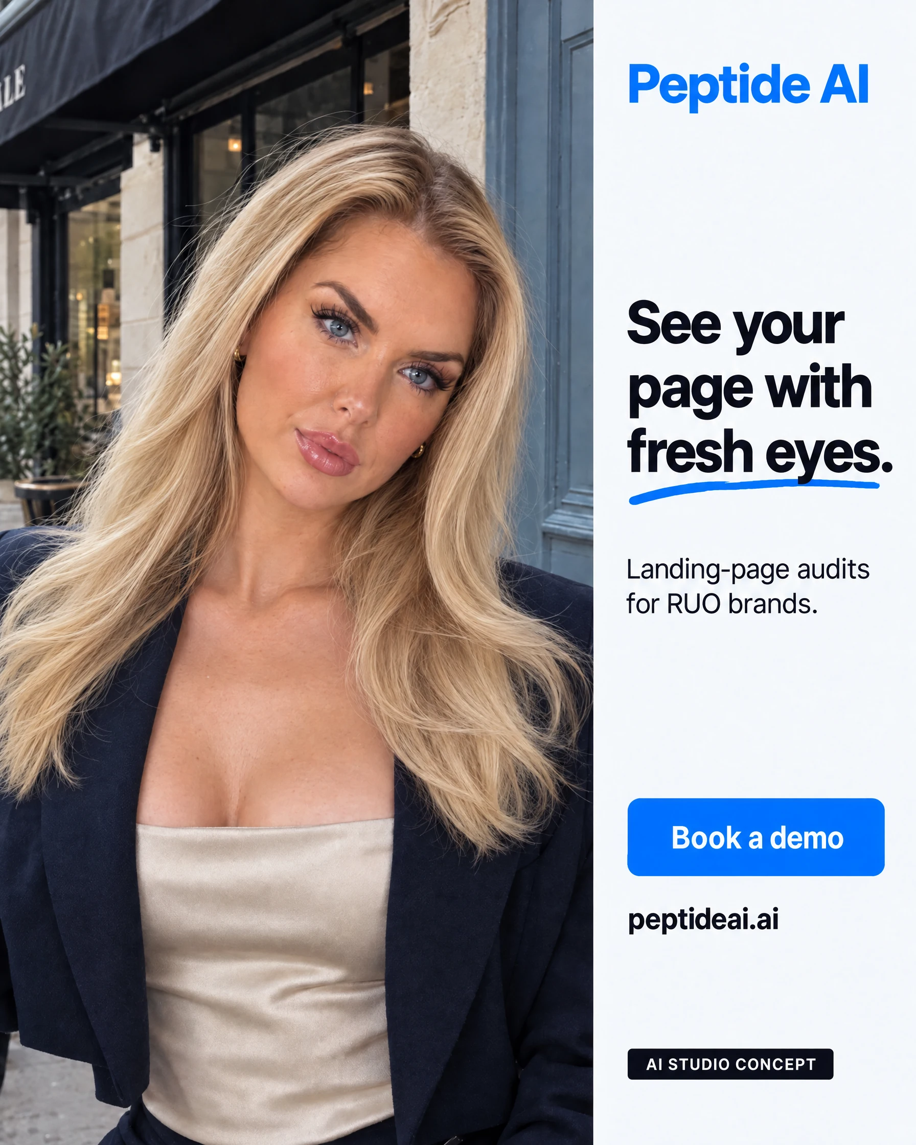 Peptide AI AI-generated static ad featuring Sanna. See your page with fresh eyes.