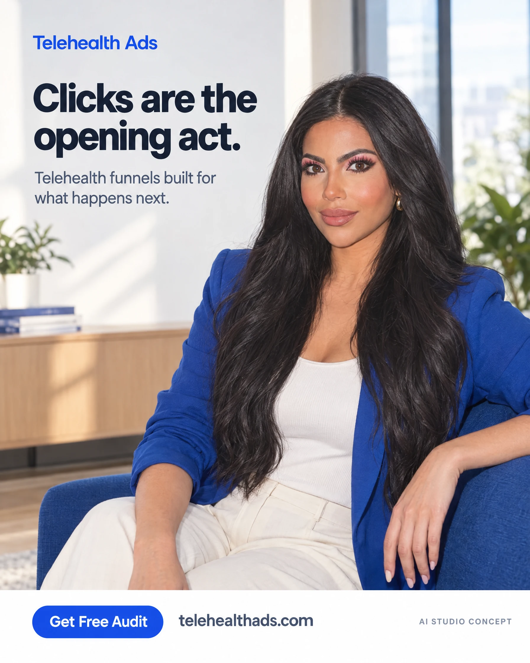 Telehealth Ads AI-generated static ad featuring Jovanna Del Plato. Clicks are the opening act.