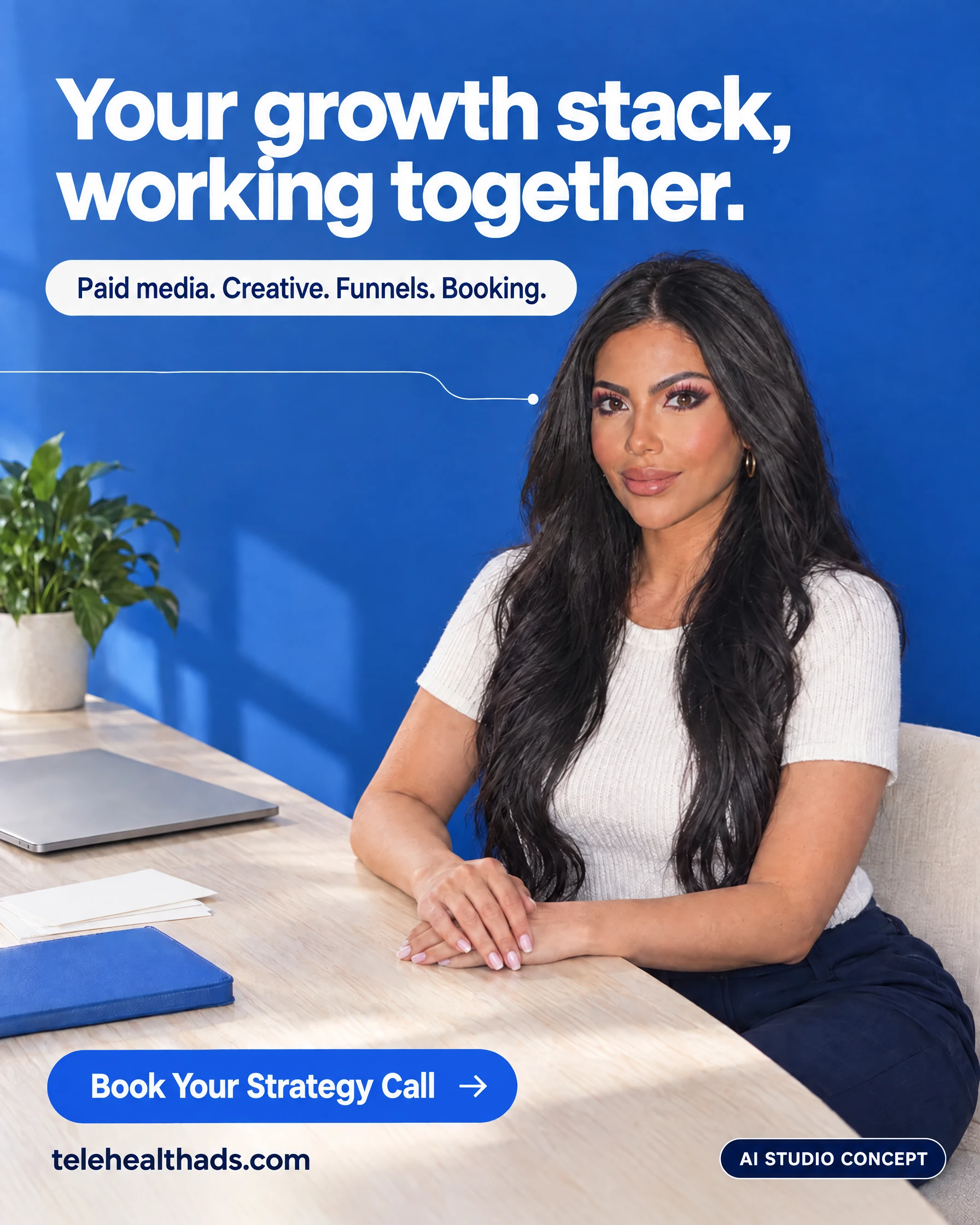 Telehealth Ads AI-generated static ad featuring Jovanna Del Plato. Your growth stack, working together.