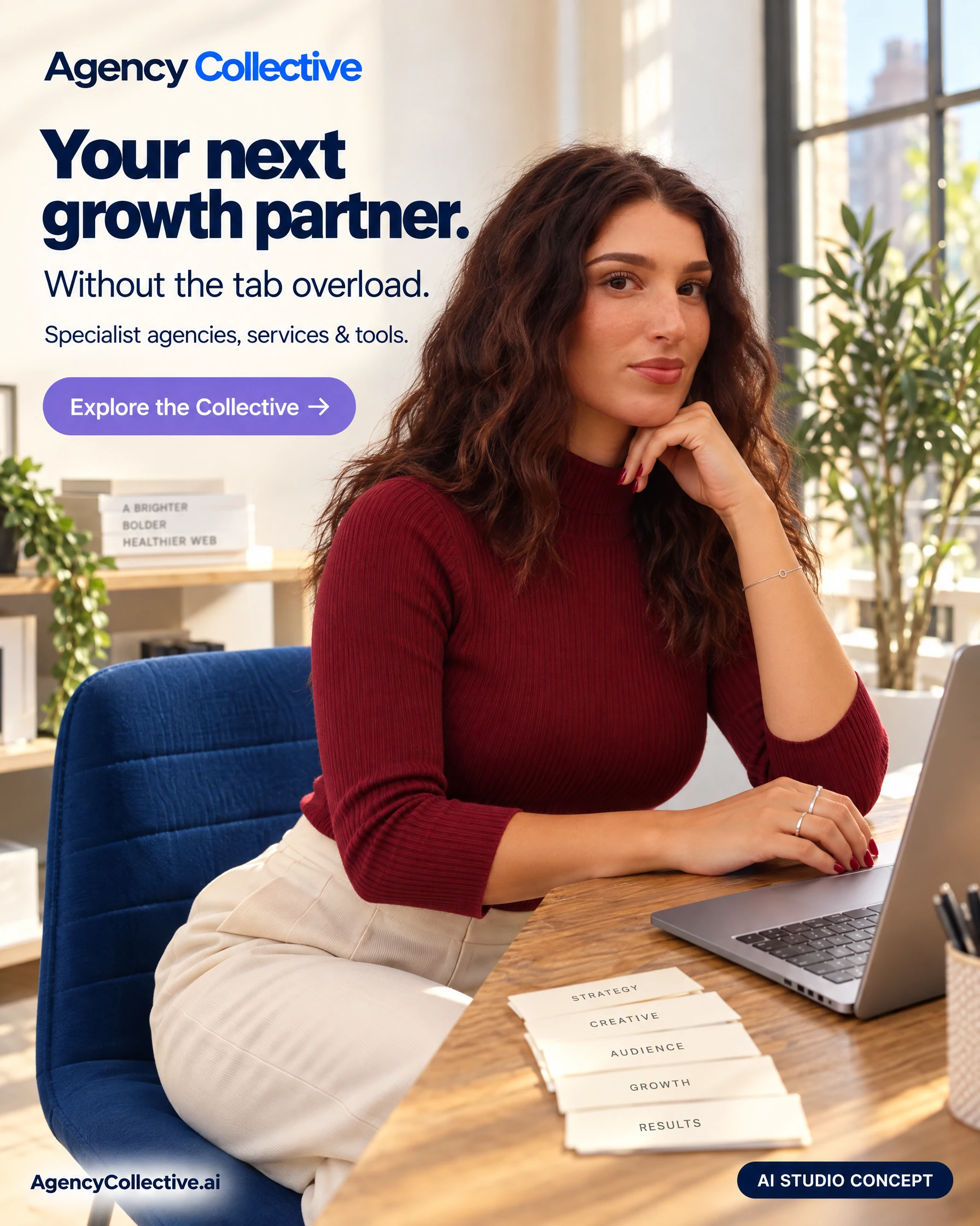 Agency Collective AI-generated static ad featuring Hannah Simon. Your next growth partner.