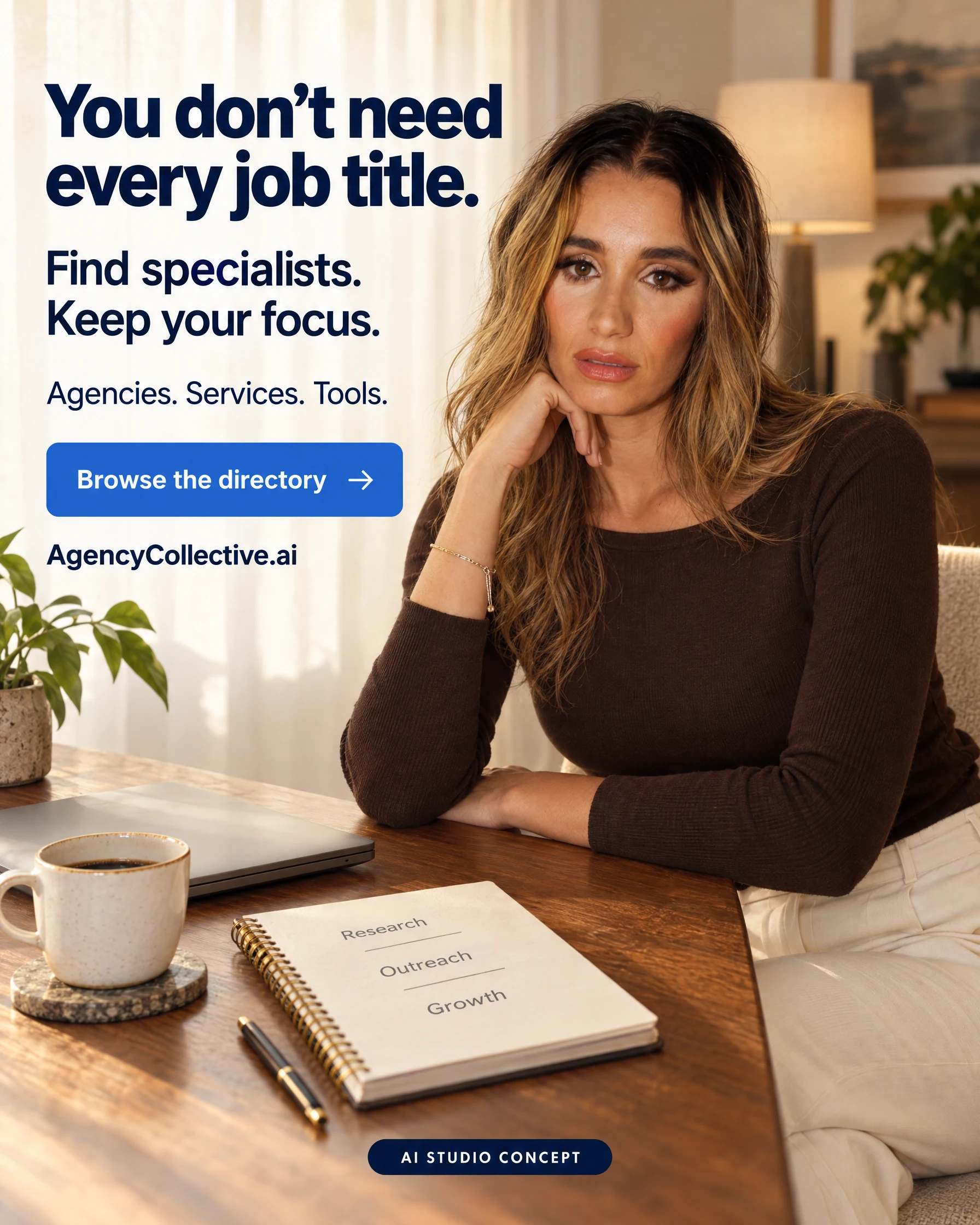 Agency Collective AI-generated static ad featuring Yasmeen Golden. You don’t need every job title.