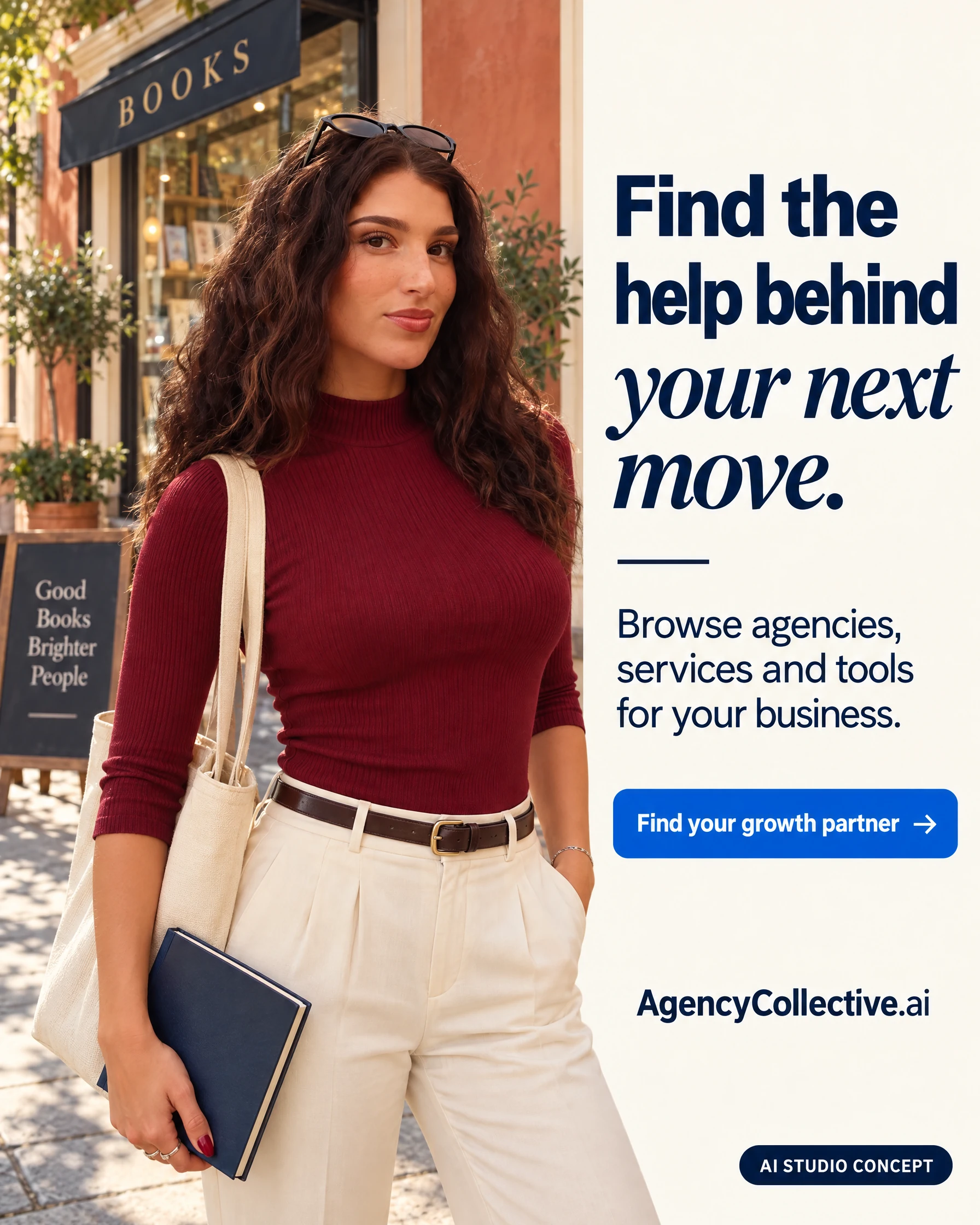 Agency Collective AI-generated static ad featuring Hannah Simon. Find the help behind your next move.