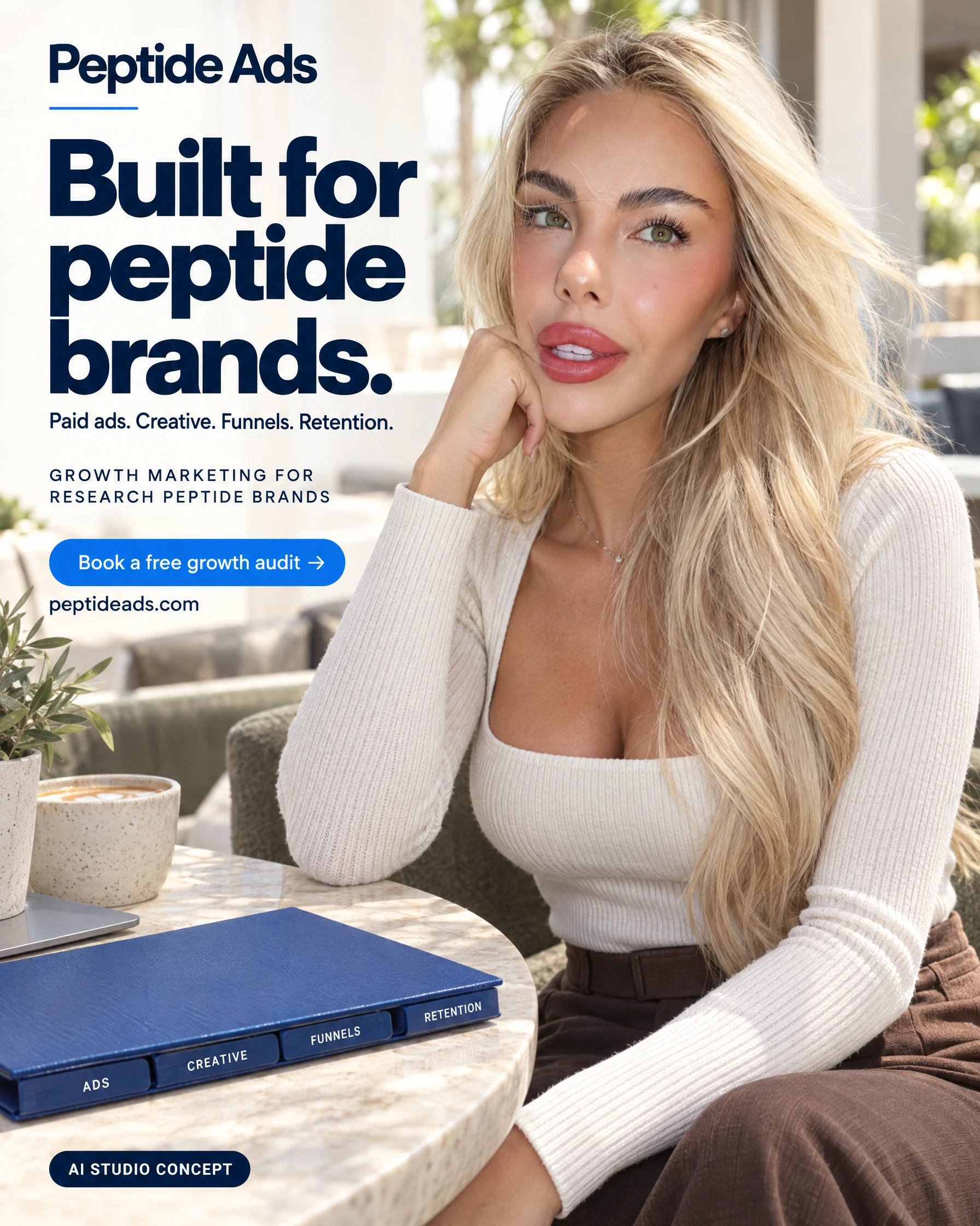 Peptide Ads AI-generated static ad featuring Angelina. Built for peptide brands.
