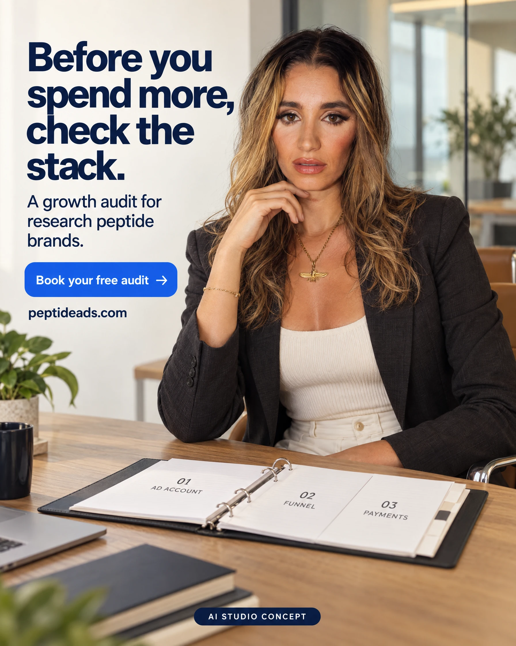 Peptide Ads AI static ad concept featuring Yasmeen Golden. Before you spend more, check the stack.