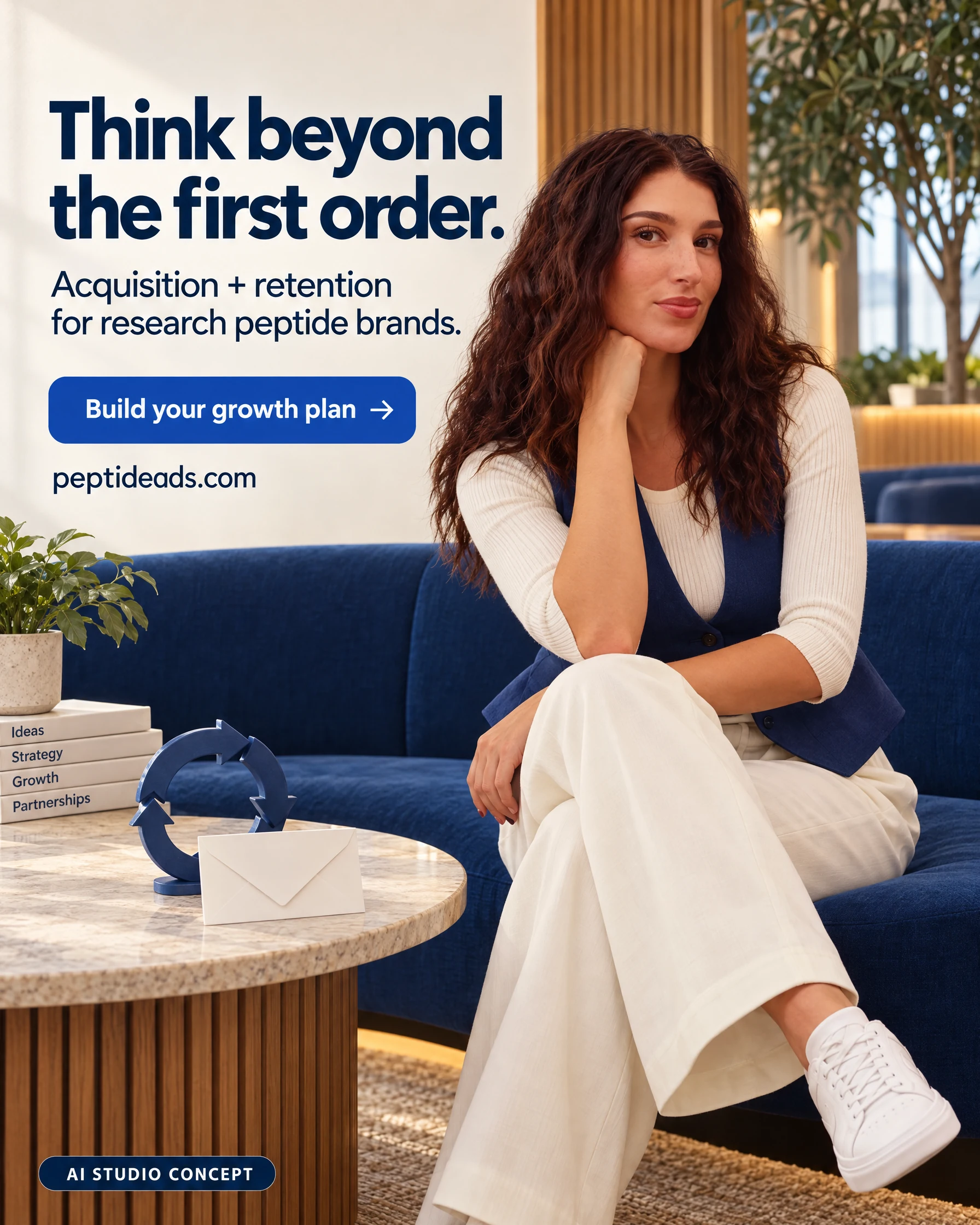 Peptide Ads AI-generated static ad featuring Hannah Simon. Think beyond the first order.